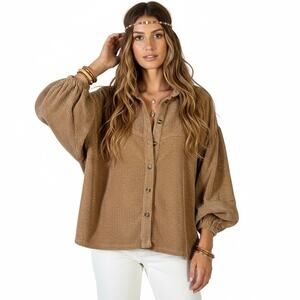 Ces Femme Corduroy Button Down Shacket Womens S Tan Oversized Soft Cozy Boho